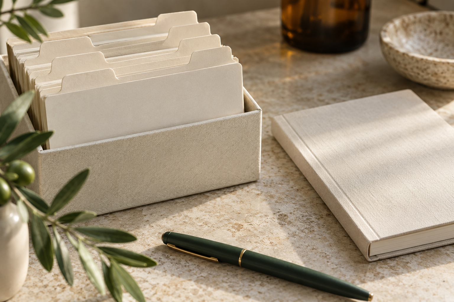 Skincare products and a calm workspace, illustrative photograph