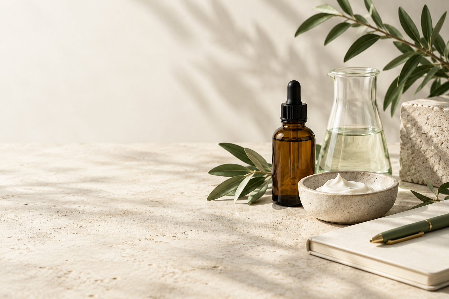 Skincare products and a calm workspace, illustrative photograph